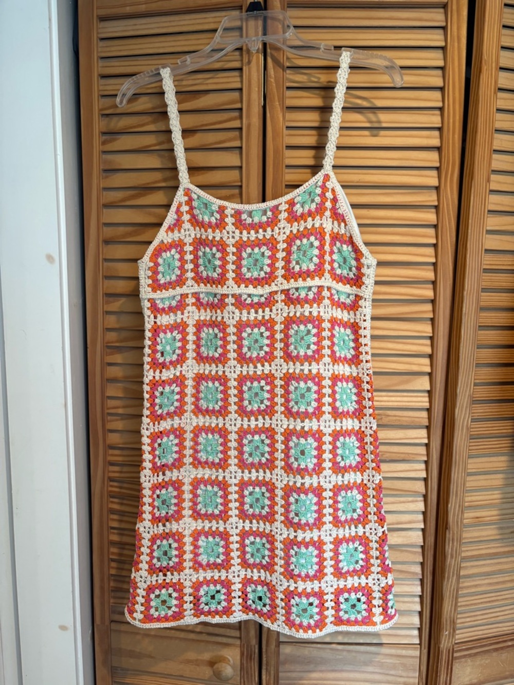 Crochet Granny Square Mini Dress Lined Hippie Festival Coachella Zara Thin Strap